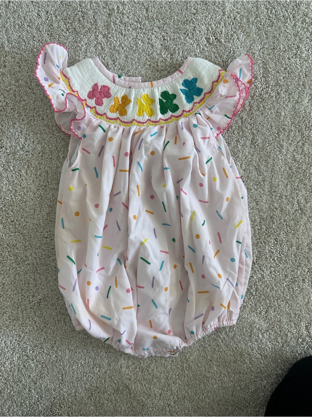 Poppy Kids Co - 12 Month Smock Embroidered Flutter-Sleeve Bubble